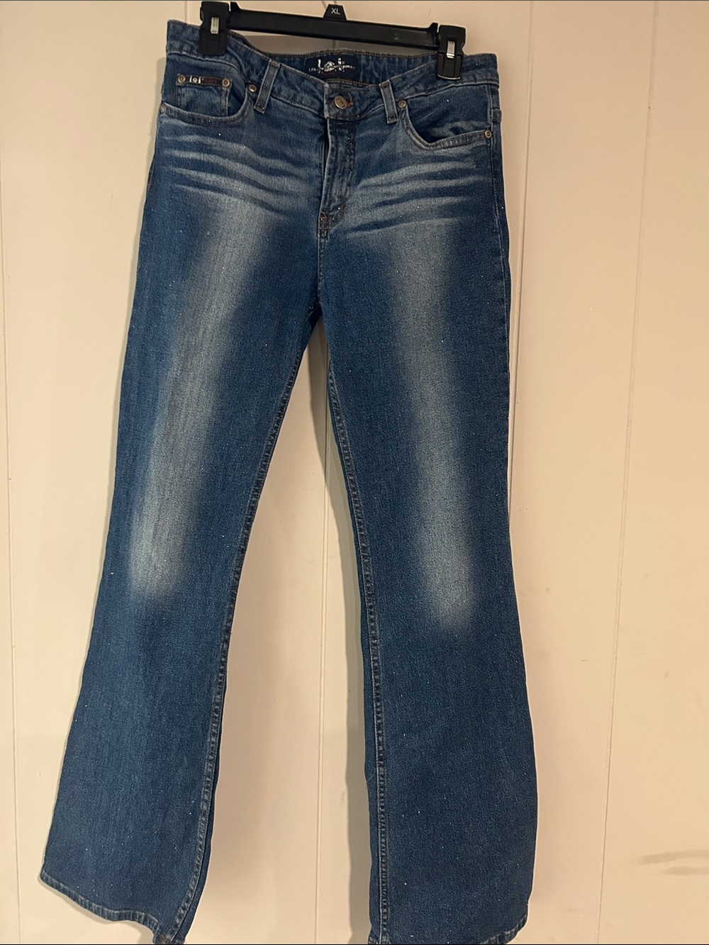 Y2K lei Women's Blue Flare Jeans - Distressed Mid Wash with sparkles